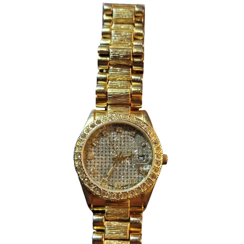 Mens 40mm Geneva Quartz Watch Gold Tone Day Date Beautiful Crystals New Battery - Picture 6 of 7
